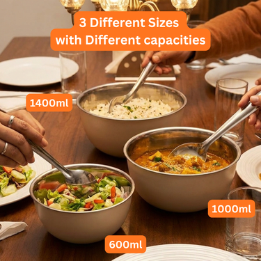 Pack of 3 Microwaveable Stainless Steel Bowl Set With Airtight Lids + Free 3 Serving Spoons (3MB4)