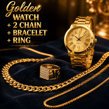 Golden Watch + 2 Chain + Bracelet + Ring (MGW2CBR23)
