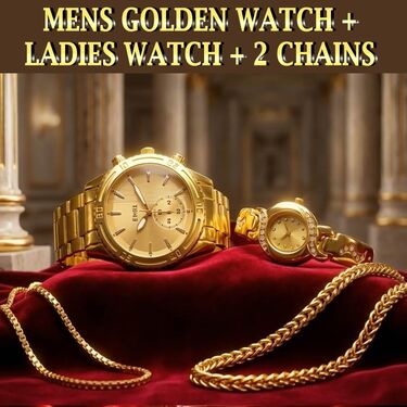Mens Golden Watch + Ladies Watch + 2 Chain (MLGW2C3)