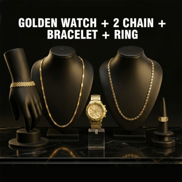 Golden Watch + 2 Chain + Bracelet + Ring (MGW2CBR24)