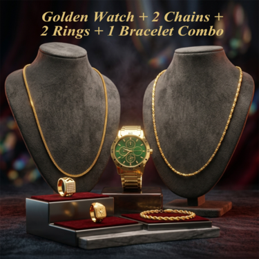 Golden Watch + 2 Chain + 2 Ring + Bracelet (MGW2C2RB2)