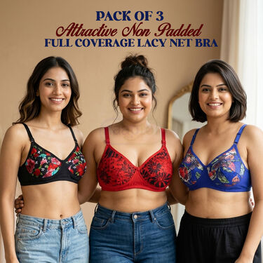 Pack of 3 Attractive Non Padded Full Coverage Lacy Net Bra (3FCB11)