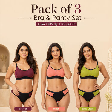Pack of 3 Attractive Solid Non Padded Dailywear Sports Bra And Panty Set (3BP4)