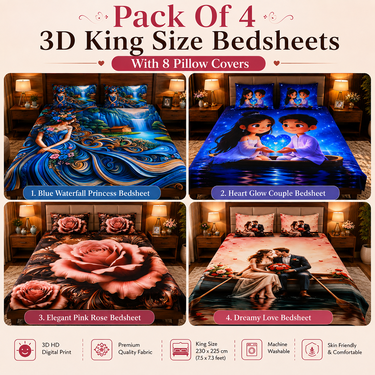 Pack of 4 3D King Size Bedsheets With 8 Pillow Covers (4BS1)