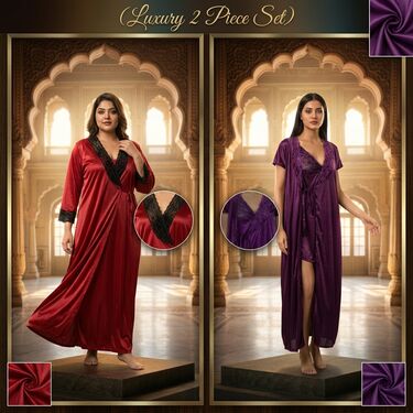 Pick Any 1 Satin Nightgown With Full Sleeve Robe Set (2NS3)