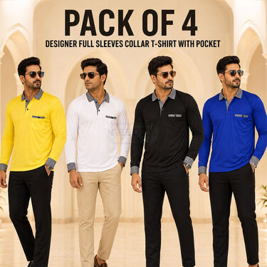 Pack of 4 Designer Full Sleeves Collar Tshirts With Pocket (4PTF4)