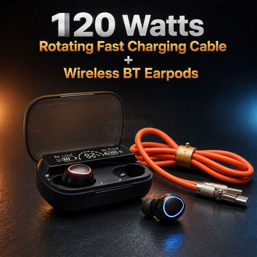 120 Watts Rotating Fast Charging Cable + Wireless BT Earpods M10 (CDC35)