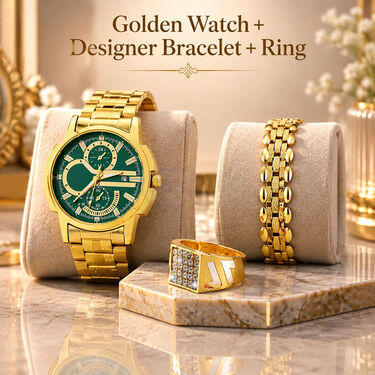 Golden Watch + Designer Bracelet + Ring (MGWBR3)