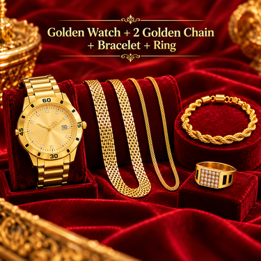 Golden Watch + 2 Golden Chain + Bracelet + Ring (MGW2CBR26)