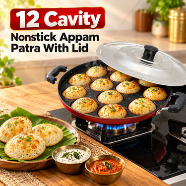 12 Cavity Nonstick Appam Patra With Lid (CKW7)