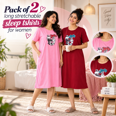 Pack of 2 Long Stretchable Sleep T Shirts For Women (2LT1)