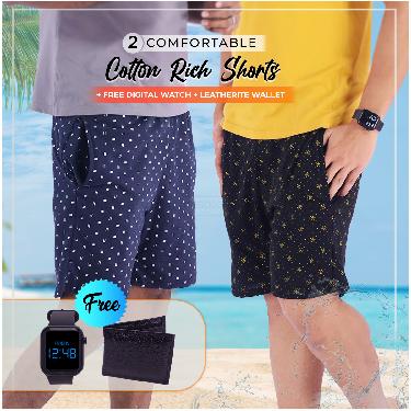2 Comfortable Cotton Rich Shorts For Mens With Free Leatherite Wallet And Digital Watch (BPW2)
