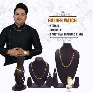 Golden Watch + 2 Chain + 2 Austrian Diamond Ring + Bracelet (MGW2C2RB)