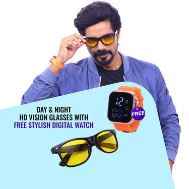 Day & Night HD Vision Glasses With Stylish Digital Watch (NVGW3)