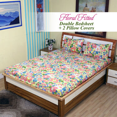 Multi Floral Fitted Double Bed sheet with 2 Pillow Covers (DBS19)