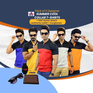 Pack Of 5 Summer Cool Collar T-Shirts + FREE Stylish Watch + Leatherite Wallet + Sunglasses (5PTW6)