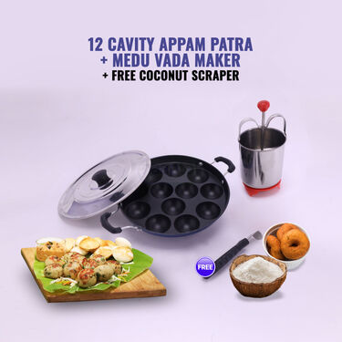 12 Cavity Nonstick Appam Patra with Lid + Stainless Steel Medu Vada Maker + Free Mini Coconut Scraper (1AP1MW4)