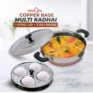 Copper Base Multi Kadai + Steel Lid + Idli Rack (1CMK2)