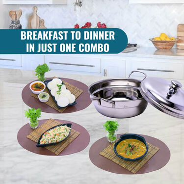 Stainless Steel Multipurpose Multi Kadai + Free 8 Cavity Idli Rack (1MK2)