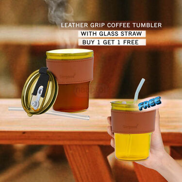 Leather Grip Coffee Tumbler With Glass Straw - Buy 1 Get 1 Free (2GCT1)