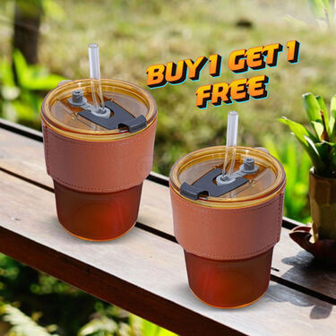 Leather Grip Coffee Tumbler With Glass Straw - Buy 1 Get 1 Free (2GCT1)