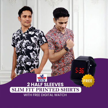2 Half Sleeves Slim Fit Printed Shirts With Digital Watch Free (2PSW2)