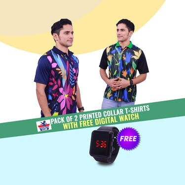Pack of 2 Printed CollarT-shirts With Free Digital Watch (2PTW1)