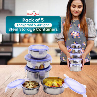 Pack Of 5 Leakproof & Airtight Steel Storage Containers (5ASC1)