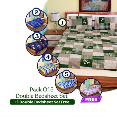 Pack Of 5 Double Bed Sheets Set + 1 Double Bed Sheet Set Free (5BS16+1)
