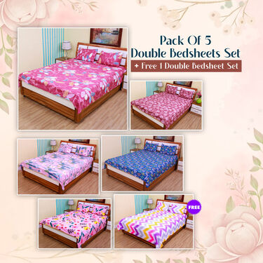 Pack Of 5 Double Bed Sheets Set + 1 Double Bed Sheet Set Free (5BS17+1)