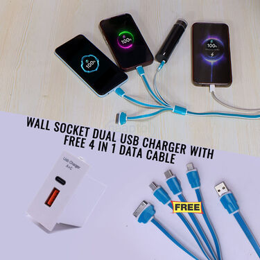 Wall Socket Dual Usb Charger With Free 4 in 1 Data Cable (CDC9)