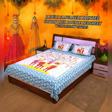 Royal Sanganeri Printed Cotton Rich Double Bedsheet With 2 Pillow Covers (DBS22)