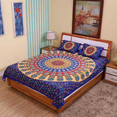Jaipuri Mandala Printed Cotton Rich Double Bedsheet With 2 Pillow Covers (DBS23)