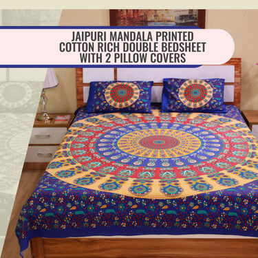 Jaipuri Mandala Printed Cotton Rich Double Bedsheet With 2 Pillow Covers (DBS23)