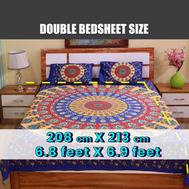 Jaipuri Mandala Printed Cotton Rich Double Bedsheet With 2 Pillow Covers (DBS23)