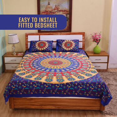 Jaipuri Mandala Printed Cotton Rich Double Bedsheet With 2 Pillow Covers (DBS23)