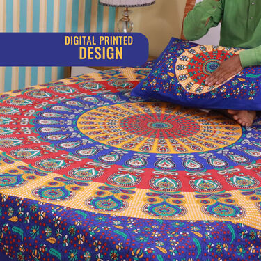 Jaipuri Mandala Printed Cotton Rich Double Bedsheet With 2 Pillow Covers (DBS23)
