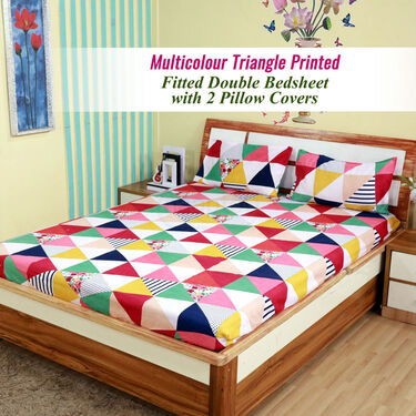Multi Colour Triangle Printed Fitted Double Bed Sheet With 2 Pillow Covers (DBS24)