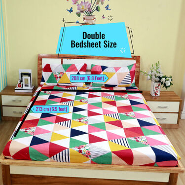 Multi Colour Triangle Printed Fitted Double Bed Sheet With 2 Pillow Covers (DBS24)