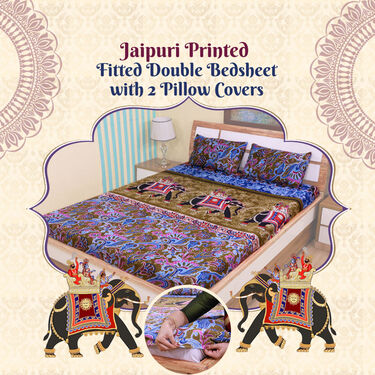 Jaipuri Printed Fitted Double Bed Sheet With 2 Pillow Covers (DBS25)