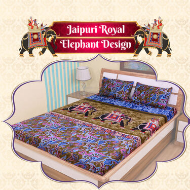 Jaipuri Printed Fitted Double Bed Sheet With 2 Pillow Covers (DBS25)