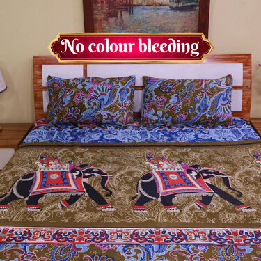Jaipuri Printed Fitted Double Bed Sheet With 2 Pillow Covers (DBS25)