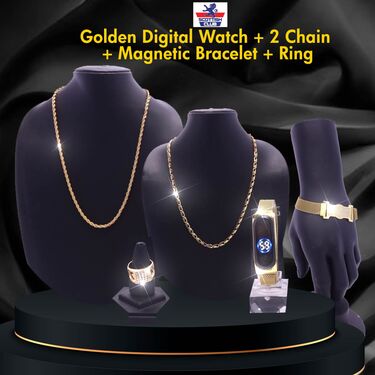 Golden Digital Watch + 2 Chain + Magnetic Bracelet + Ring (GDW2CBR2)