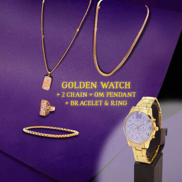 Golden Watch + 2 Chain +  OM Pendant + Bracelet + Ring (MGW2CBRP4)