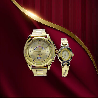 Men's Golden Watch With Free Ladies Designer Watch (MLGW15)