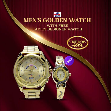 Men's Golden Watch With Free Ladies Designer Watch (MLGW15)