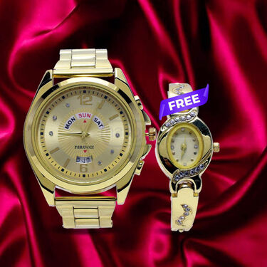 Men's Golden Watch With Free Ladies Designer Watch (MLGW15)