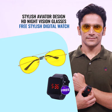 Stylish Aviator Design HD Night Vision Glasses With Free Digital Watch (NVGW4)