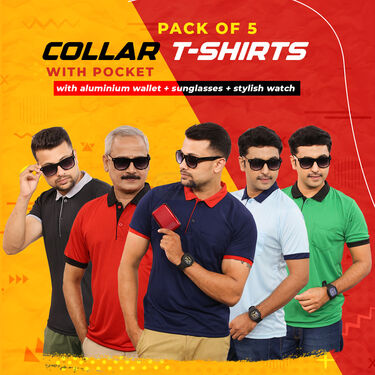 Pack Of 5 Collar T-Shirts With Pocket With 1 Watch + Aluminum Wallet + Sunglass (5PTW-2)