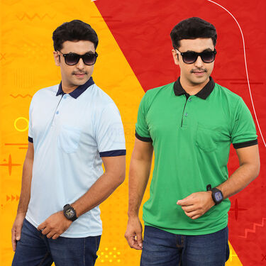 Pack Of 5 Collar T-Shirts With Pocket With 1 Watch + Aluminum Wallet + Sunglass (5PTW-2)